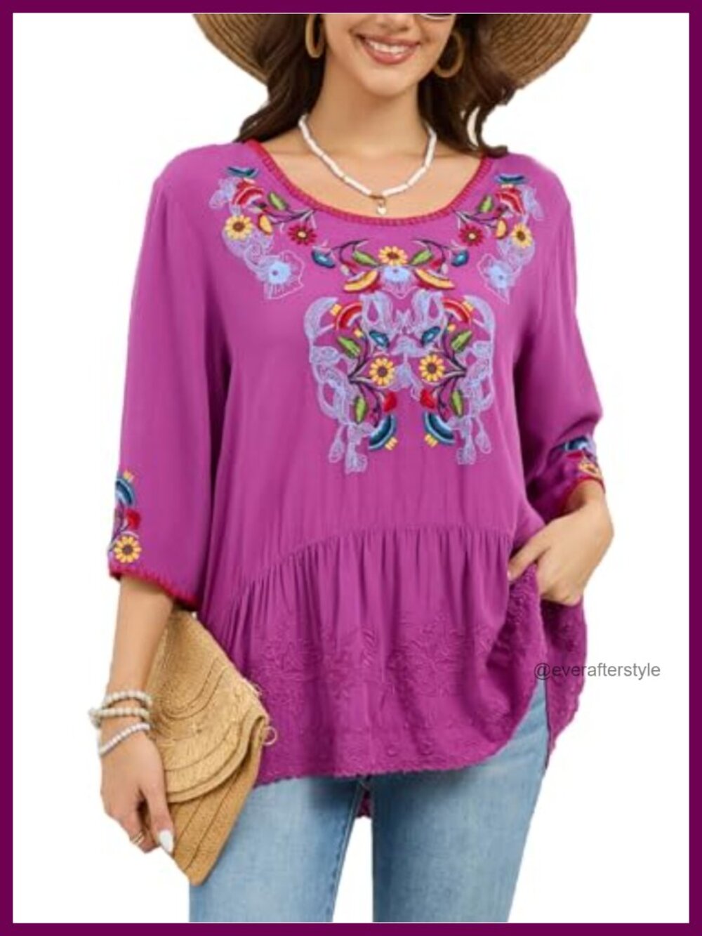 Women's Floral Embroidered Tunic Top 3/4 Sleeve Peasant Blouse Loose Fit